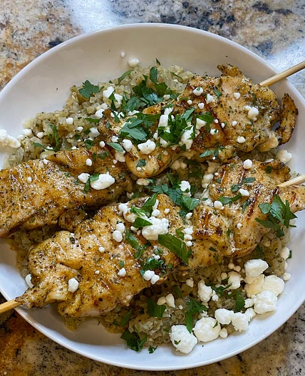 Greek Style Cauliflower Rice & Chicken Kebobs