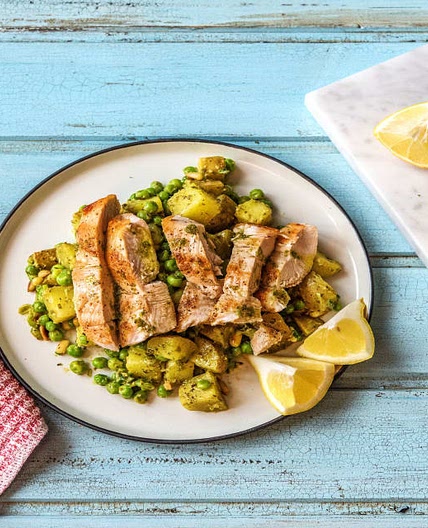 Lemony Pan-Seared Chicken with Pesto, Peas, & Potatoes