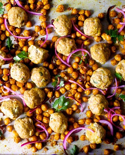 Sheet Pan Meatballs with Chickpeas, Turmeric and Lemon