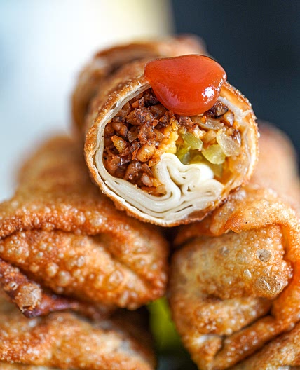 Cheese Burger Rolls Using egg roll wrappers & walnuts. 