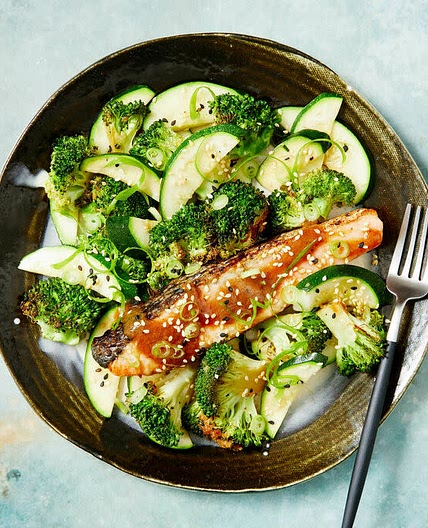 Reduced-Carb Miso Salmon with Soy-Roasted Greens & Sesame
