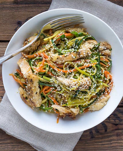 Keto Chicken & Zucchini Noodle Salad with Spicy Peanut Sauce