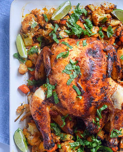 Curried Roast Chicken with Cauliflower and Carrots