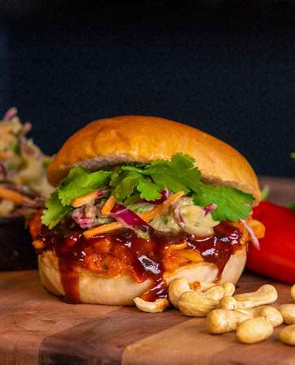 Sticky BBQ Pulled Jackfruit, Toasted Cashew Nuts and Avocado Slaw by Pureety