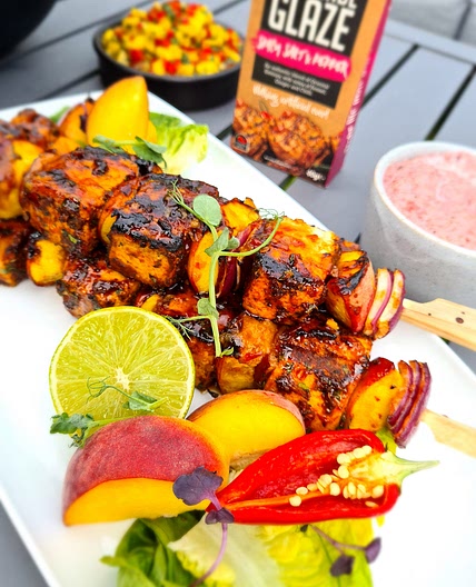 Spicy Salt and Pepper Tofu, Peach and Red Onion skewers by Pureety