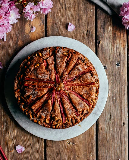 rhubarb pistachio coffee cake — the farmer's daughter | let's bake something