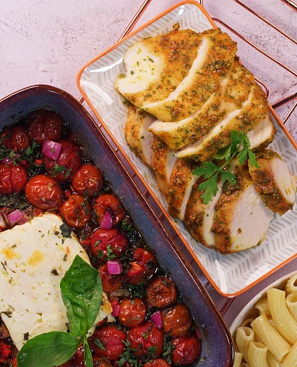 Feta and Tomato Bake with Garlic Butter Chicken by Pureety