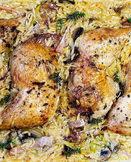Tray-baked chicken marylands with risoni recipe