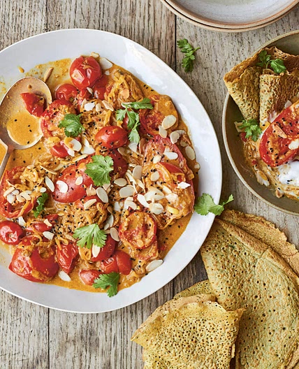 South Indian Tomato Curry with Coriander Pancakes