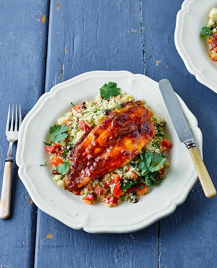 G - 600 Calories or Under - Harissa Fish On Red Pepper Couscous