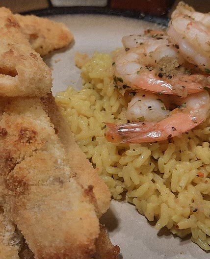 Oven Fried Catfish with Rice and Scrimp