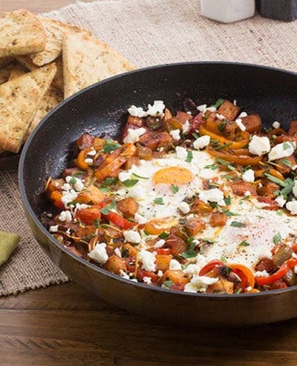 Summer Pepper & Potato Shakshuka with Pea Shoots & Spiced Pita Chips