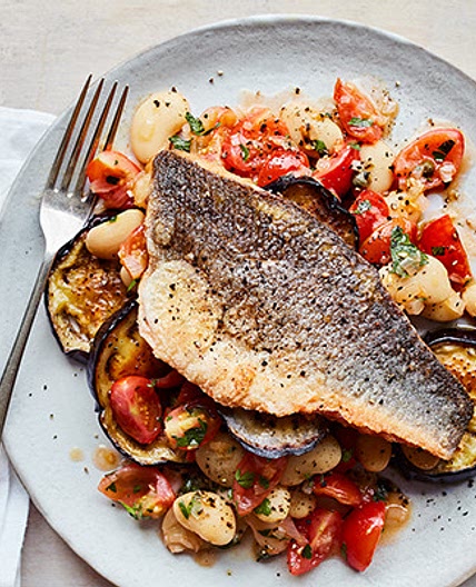Seabass with tomato and butter bean ragout