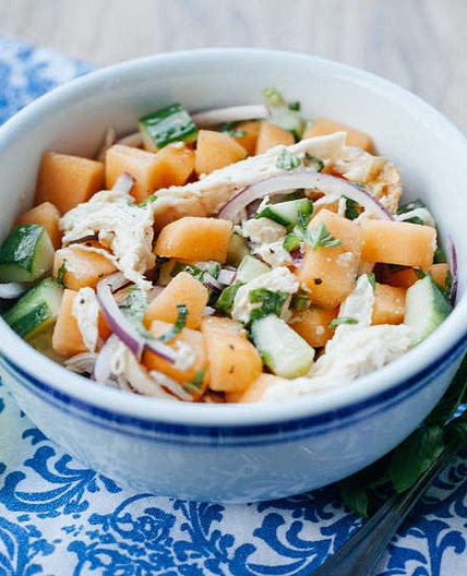 Chicken salad with melon, chile, cucumber and basil