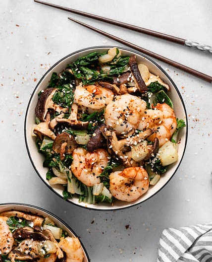Garlic shrimp with shiitake and bok choy