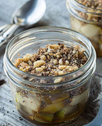 Warm pears with chia walnut crumble