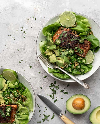 Jerk salmon with spicy avocado salad