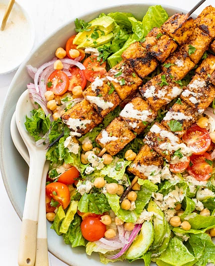 Grilled Tempeh Greek Salad with Creamy Vegan Greek Dressing