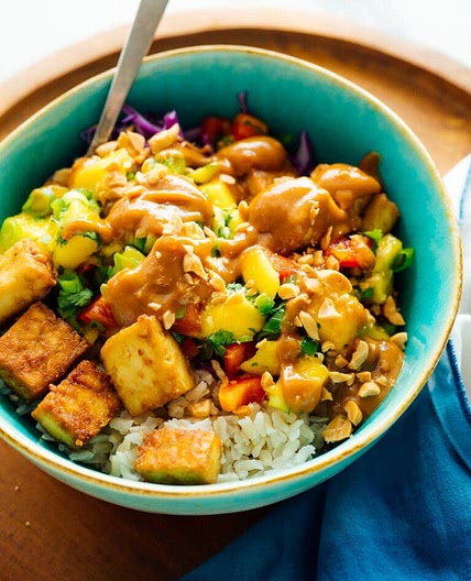 Mango “Burrito” Bowls with Crispy Tofu and Peanut Sauce