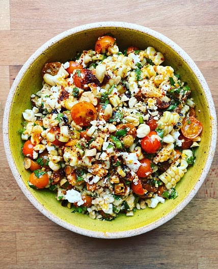 Corn and Tomato Salad with Spicy Bagna Cauda and Roasted Peanuts