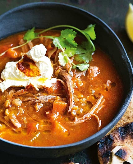 Slow-cooker spiced split-pea soup with harissa labneh