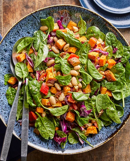 Spinach Salad with Roasted Sweet Potatoes, White Beans & Basil
