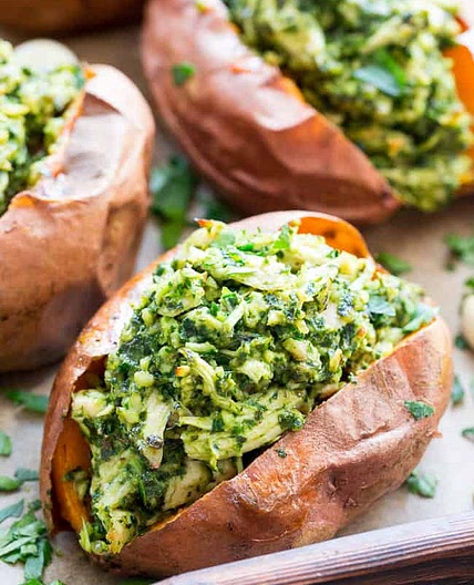 Chicken Pesto Stuffed Sweet Potatoes {Paleo, Whole30}