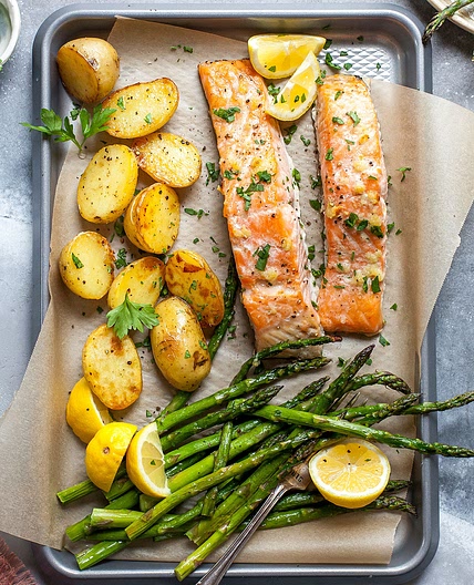Garlic Butter-Roasted Salmon with Potatoes & Asparagus