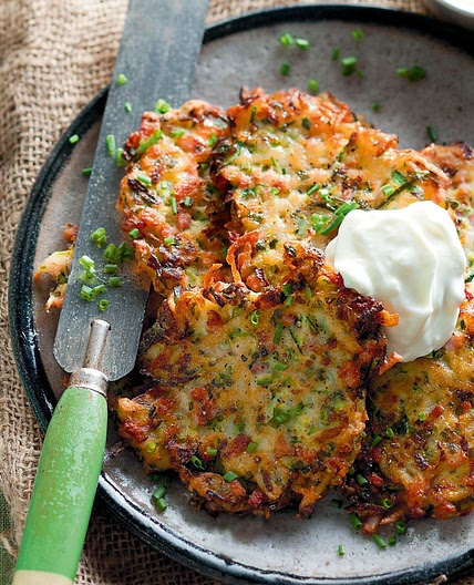 Zucchini and bacon fritters with garlic yoghurt