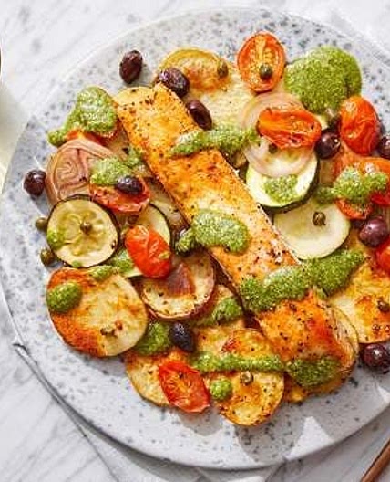 Pesto Salmon & Roasted Vegetables with Olives & Capers