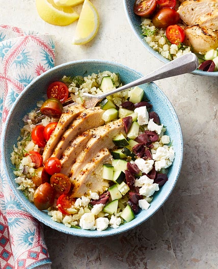 Greek Cauliflower Rice Bowls with Grilled Chicken