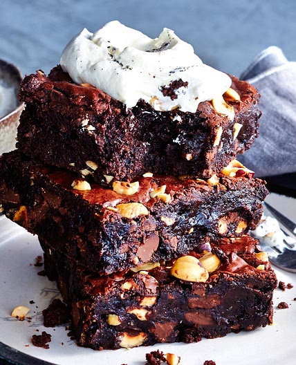 Rich hazelnut brownies with vanilla creme fraiche
