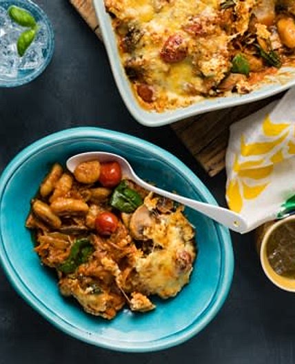 Grilled Double-Cheese Gnocchi with Mushroom & Cherry Tomato Sauce