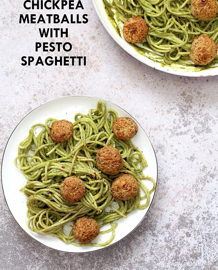 Pesto Spaghetti with Vegan Meatballs (Chickpea Walnut Meatballs)