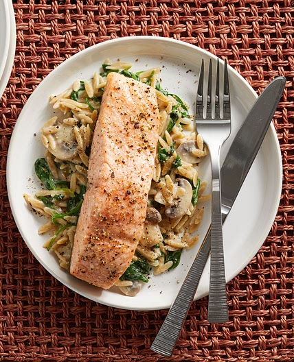 15-Minute Salmon & Creamy Orzo with Spinach & Mushrooms