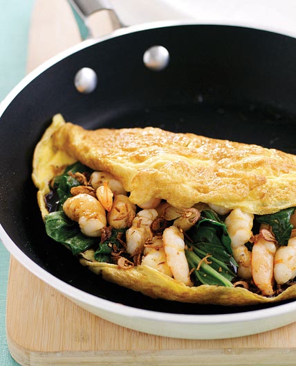 Omelette with garlic prawns and choy sum