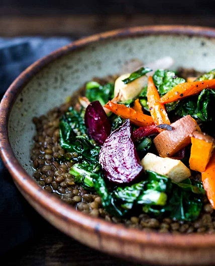 Roasted Root Veggies & Greens over Spiced Lentils