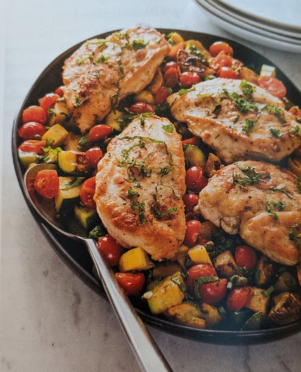 Sautéed Chicken Breasts with Cherry Tomatoes, Zucchini, and Yellow Squash