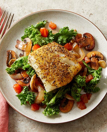 Herby Mediterranean Fish with Wilted Greens & Mushrooms
