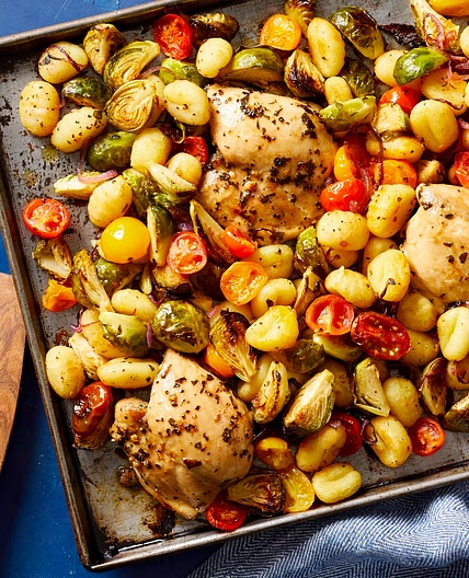 Sheet-Pan Mediterranean Chicken, Brussels Sprouts & Gnocchi