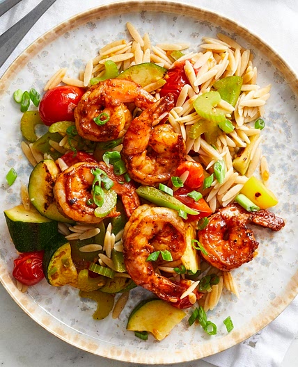 Peppery Barbecue-Glazed Shrimp with Vegetables & Orzo