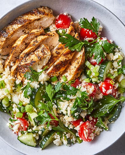 Spiced Grilled Chicken with Cauliflower "Rice" Tabbouleh
