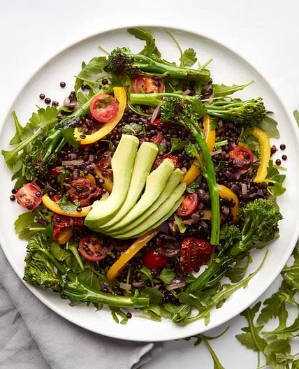 Roasted pepper lentils & olives with tenderstem
