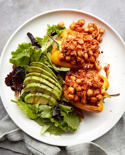 Red pesto jackfruit & chickpea stuffed peppers