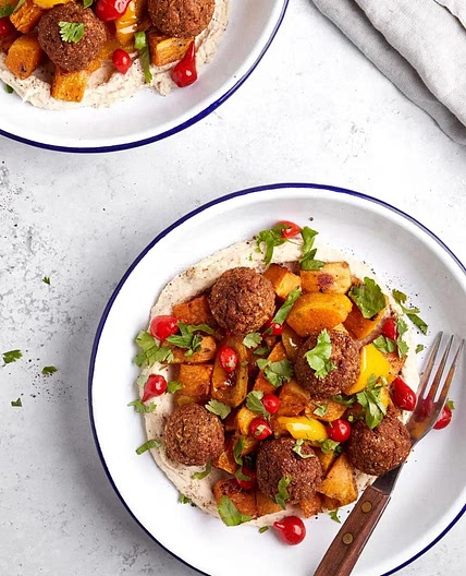 vegan sheet pan meatballs with spiced roasted veg
