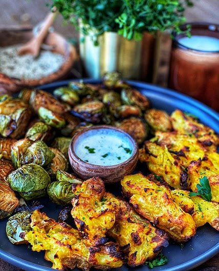 Rosemary Garlic Roasted Potatoes W/ Balsamic Glazed Brussel Sprouts