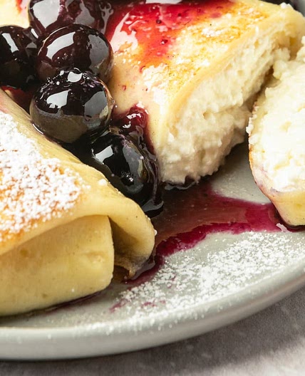 Cheese Blintzes with Blueberry Compote