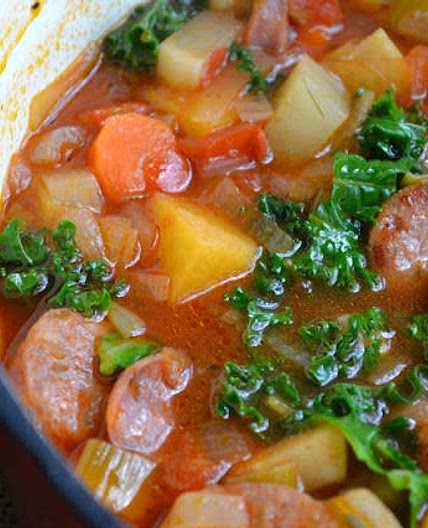 ROOT VEGETABLE SOUP WITH SAUSAGE AND KALE
