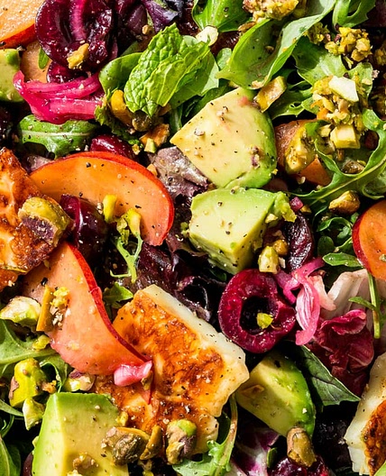 Halloumi Salad with Peaches, Cherries, and Arugula