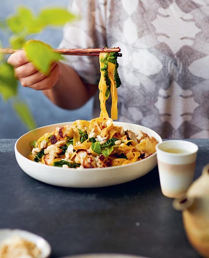 Savoy Cabbage, Roasted Cauliflower, and Cashew Chili Noodles